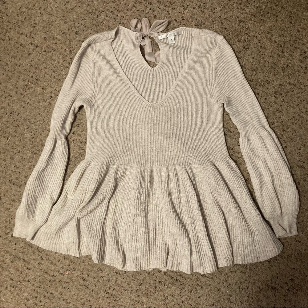 LC Lauren Conrad soft ribbed knit V neck balloon sleeve peplum keyhole sweater